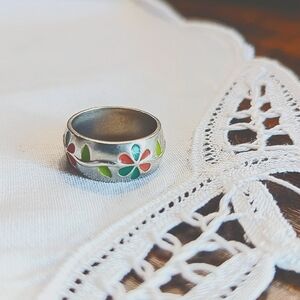 Vintage Artisan Floral Enamel Stainless Steel Ring